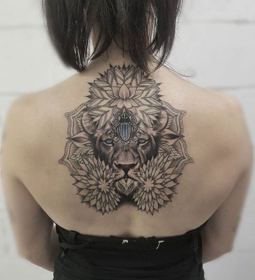 Tattoo tagged with: dots, lion, back, cover up, blackw 