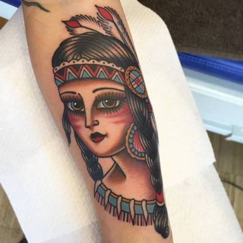 By Kim-Anh Nguyen, done at Seven Seas Tattoos, Eindhoven.... kim anhnguyen;traditional;big;women;native american woman;native american;facebook;twitter;inner forearm;other