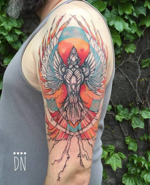 By Dino Nemec, done at Lone Wolf Private Tattooing Studio,... sketch work;big;dino nemec;phoenix;facebook;twitter;shoulder;mythology;upper arm
