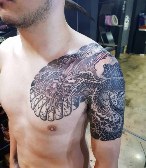 Tattoo tagged with: japanese, male, dragon, black, shoulder 