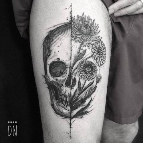By Dino Nemec, done at Lone Wolf Private Tattooing Studio,... flower;sketch work;skull;anatomy;human skull;big;dino nemec;thigh;facebook;nature;twitter
