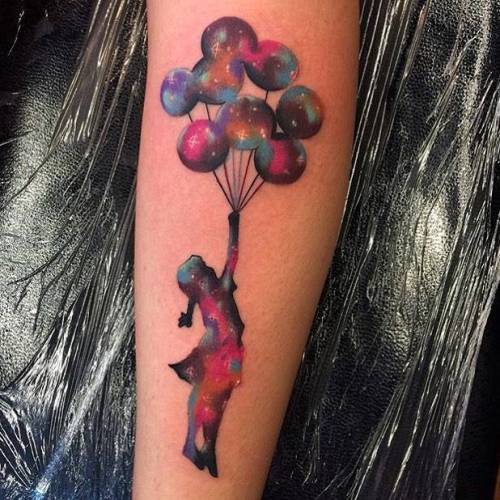 By Andrew Marsh · Little Andy, done at Church Yard Tattoo... art;flying balloons girl;contemporary;banksy;facebook;twitter;andrew little andy marsh;inner forearm;medium size