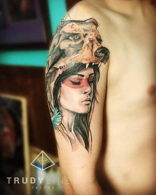 By Corina Weikl · Trudylines, done at Artistic Element Tattoo,... sketch work;corinaweikl;big;women;native american woman;native american;facebook;twitter;shoulder;other;illustrative;upper arm