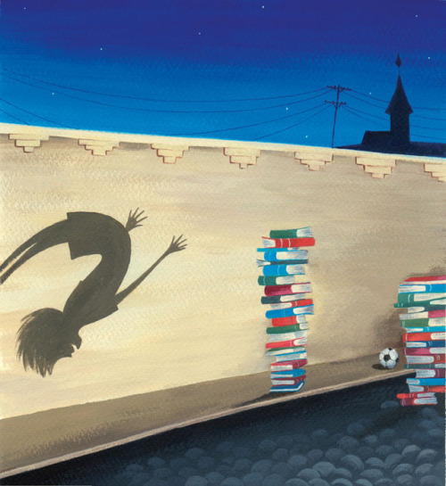 Los libros también sirven para hacer deporte, además de leer (ilustración de Maria Lavezzi)