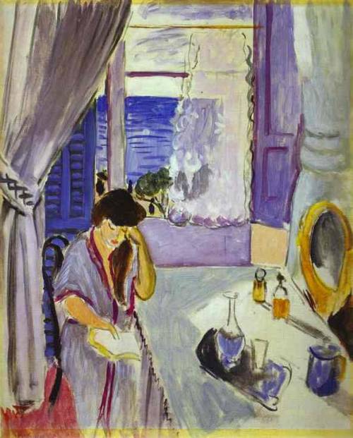 expressionism-art:
“Woman Reading at a Dressing Table (Interieur, Nice), 1919, Henri Matisse
Size: 74.6x61 cm
Medium: oil on canvas”