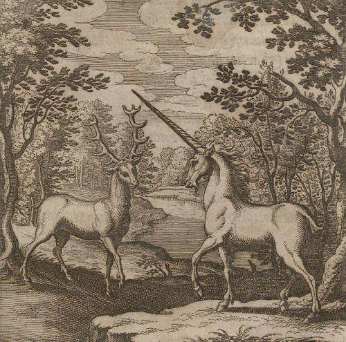 “Alchemic engraving with a red deer and unicorn, Theosophie & Alchemie, 1678 ”