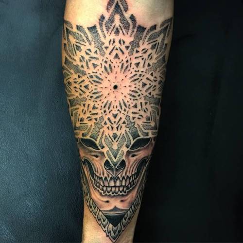 By Jondix, done at Seven Doors Tattoo, London.... skull;anatomy;human skull;dotwork;big;facebook;twitter;jondix;inner forearm