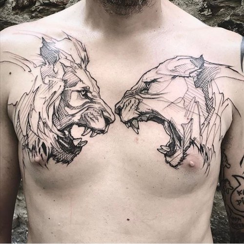 Tattoo tagged with: male, lion, chest, black 