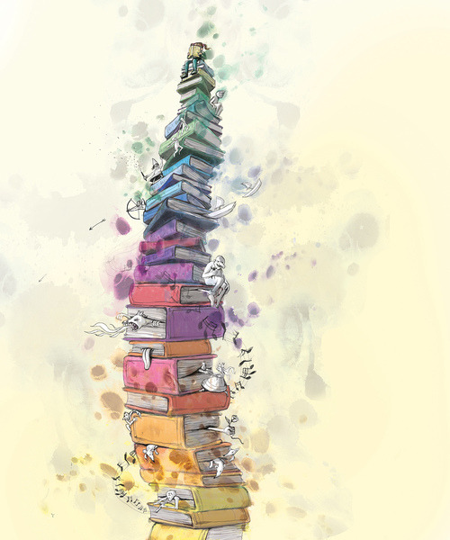 Arriba, arriba, arriba de una gran montaña de libros (ilustración de Lisa Aisato)