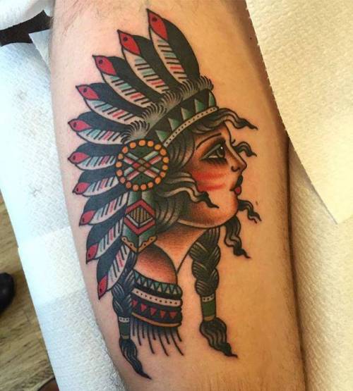 By Kim-Anh Nguyen, done at Seven Seas Tattoos, Eindhoven.... calf;kim anhnguyen;traditional;women;native american woman;native american;facebook;twitter;medium size;other
