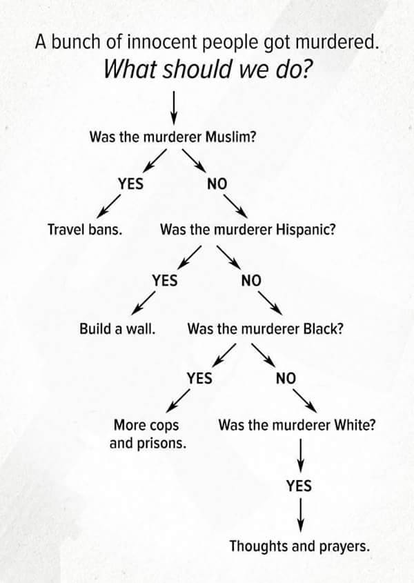 Flowchart:  A bunch of innocent people bet murdered.  What should we do:  1)  Was the murderer Muslim? (Yes=Travel bans, No=next question).  2)  Was the murderer Hispanic?  (Yes=Build a wall, No=next question).  3)  Was the murder black?  (Yes=More cops and prisons, No=Next question). 4)  Was the murder white? (Yes=thoughts and prayers).