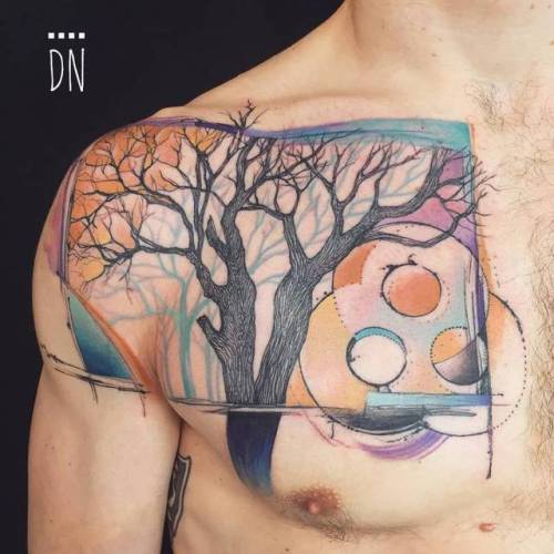 By Dino Nemec, done at Lone Wolf Private Tattooing Studio,... tree;big;chest;graphic;dino nemec;facebook;nature;twitter;autumn;four season