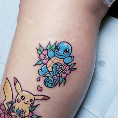 By Carla Evelyn, done at Frontyard Tattoo, Mount Barker.... pokemon characters;calf;cartoon character;small;fictional character;squirtle;cartoon;facebook;twitter;video game;game;kawaii;carlaevelyn;pokemon