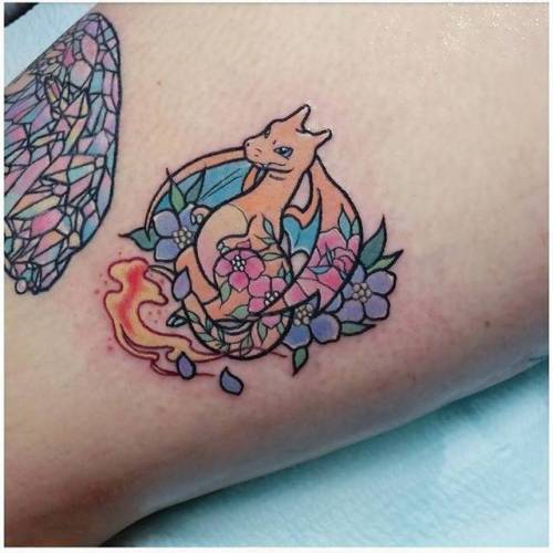 By Carla Evelyn, done at Frontyard Tattoo, Mount Barker.... pokemon characters;leg;small;fictional character;cartoon;facebook;twitter;video game;game;kawaii;carlaevelyn;pokemon;charizard