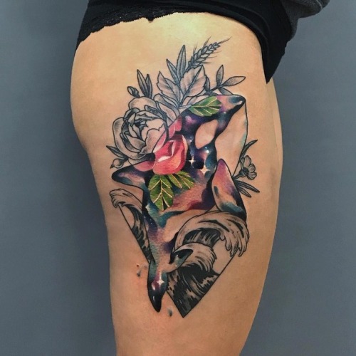 natsi_tattoo space;flower;whale;thigh;sea