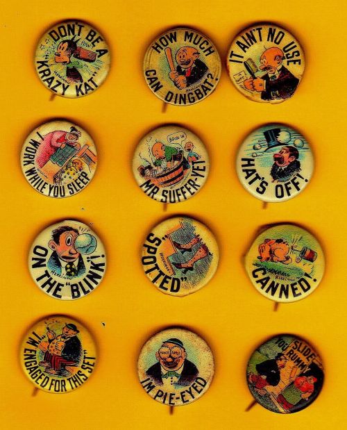 moviesludge: “ rodrigobaeza: “George Herriman: cartoon pins featuring Krazy Kat, The Dingbat Family, and other characters (c. 1912) ” I initially thought this one said “I AIN’T NO USE” and I liked it and then was disappointed that it didn’t actually...