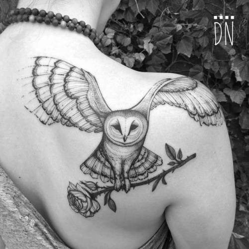 By Dino Nemec, done at Lone Wolf Private Tattooing Studio,... big;animal;dino nemec;bird;barn owl;facebook;twitter;shoulder;illustrative