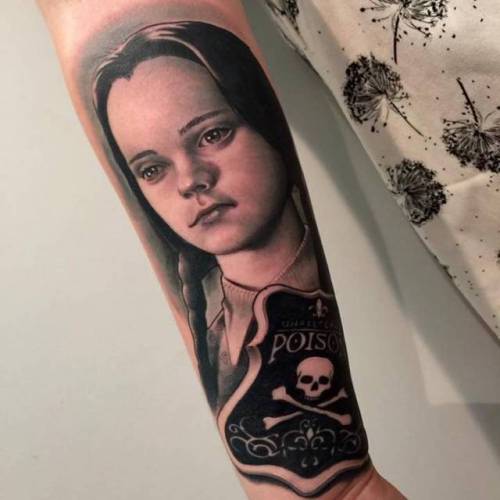 Tattoo tagged with: film and book, black and grey, fictional character,  big, wednesday addams, portrait, inner forearm, sergiogonzalez, the addams  family 