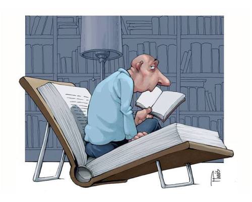 Leyendo entre libros (ilustración de Eric Vander Wal)