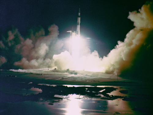 Liftoff of the Apollo 17 Saturn V Moon Rocket from Pad A, Launch Complex 39, Kennedy Space Center, Florida, at 12:33 a.m., December 7, 1972. Apollo 17, the final lunar landing mission, was the first night launch of a Saturn V rocket.