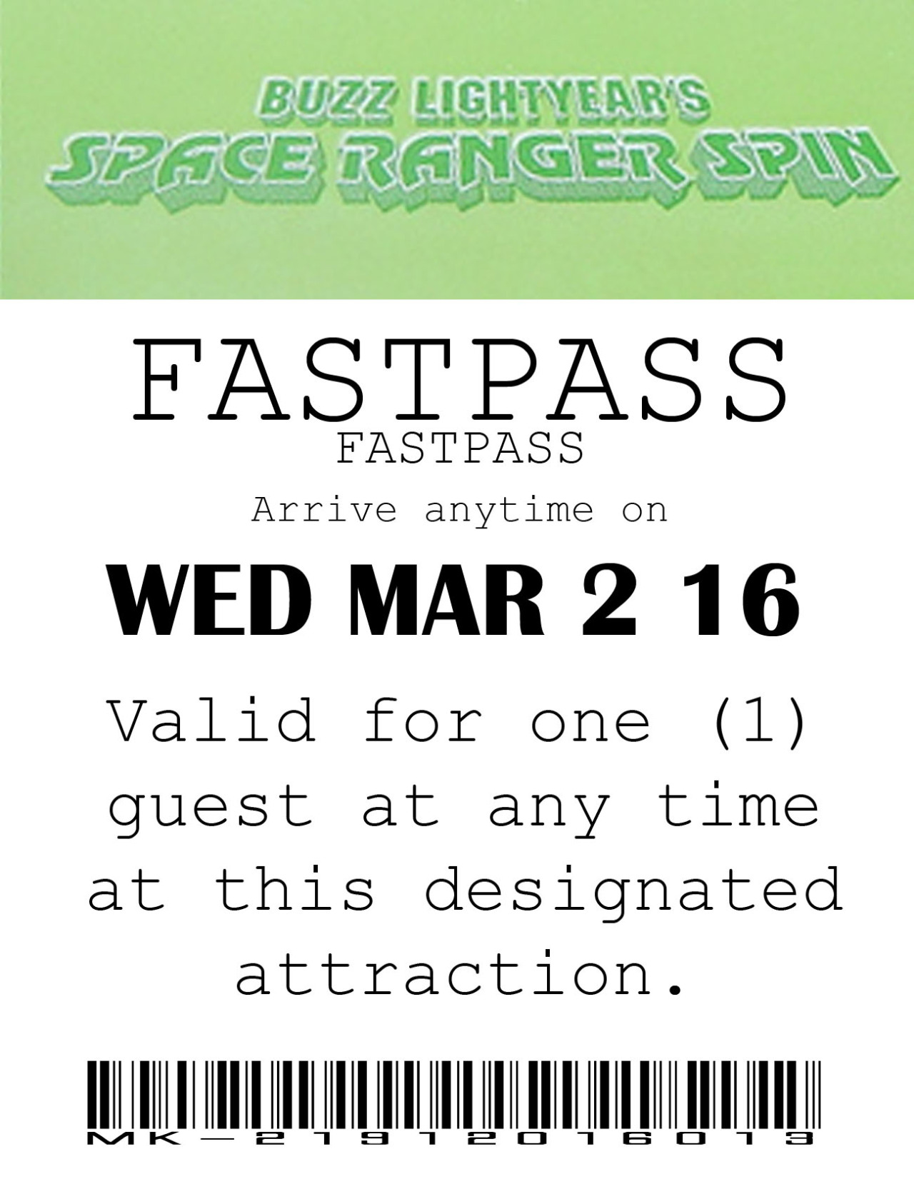 Photoshopped Fastpass for Buzz Lightyear with a date of March 2 2016, good for one guest.