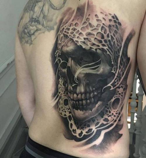 By Ruben, done at Miks Tattoo, Copenhagen.... black and grey;skull;anatomy;human skull;big;back;ruben;facebook;twitter