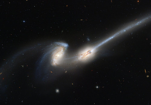 NGC 4676: when mice collide
“These two mighty galaxies are pulling each other apart. Known as the “Mice” because they have such long tails, each spiral galaxy has likely already passed through the other. The long tails are created by the relative...