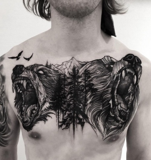 Tattoo tagged with: bird, bear, mountain, chest, blackw, wolf, tree |  