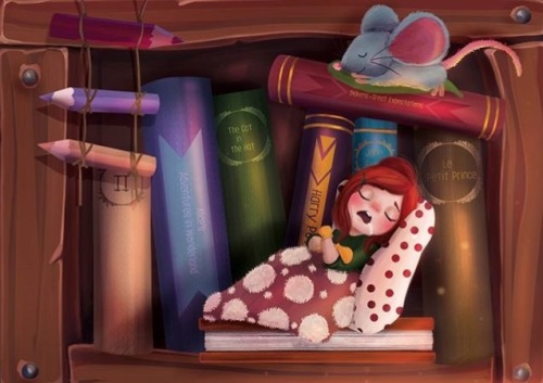 Durmiendo entre libros (ilustración de Andra Morosan)
