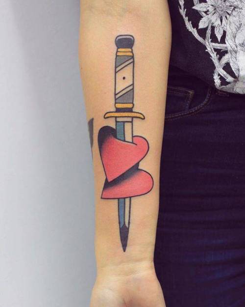 By Patryk Hilton, done at Demolka Tattoo, Bydgoszcz.... dagger;heart;traditional;heart and dagger;love;facebook;twitter;patrykhilton;inner forearm;medium size;weapon