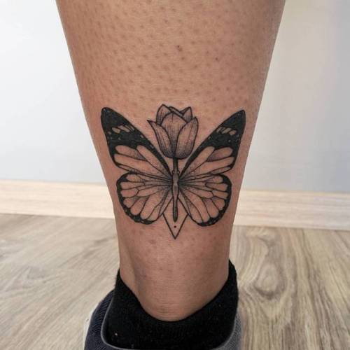 Tattoo tagged with: male, leg, butterfly, flower, achilles