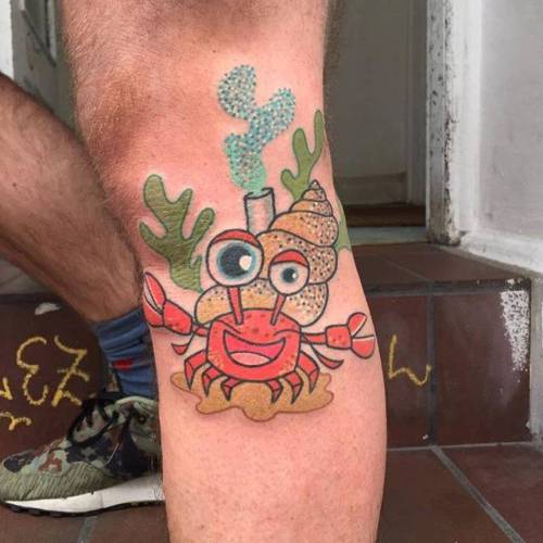 By Pengi, done at Tiger Style Tattooing, Hamburg.... leg;hermit crab;animal;crustacean;cartoon;facebook;twitter;medium size;kawaii;pengi