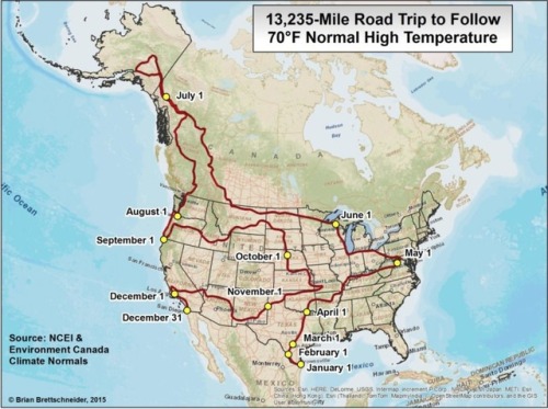 mapsontheweb:This roadtrip keeps you in 70 degree weather for...