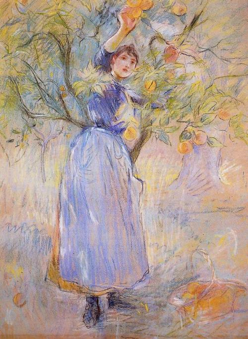 artist-morisot:The Orange Picker, Berthe MorisotMedium: pastel