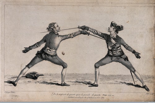 historicaltimes - Engraving of two men are practising their...