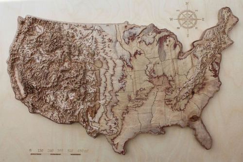mapsontheweb:3D Terrain Wooden Map of the United States.