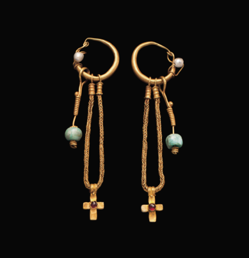 Byzantine gold earrings with emerald drops and cross pendants...