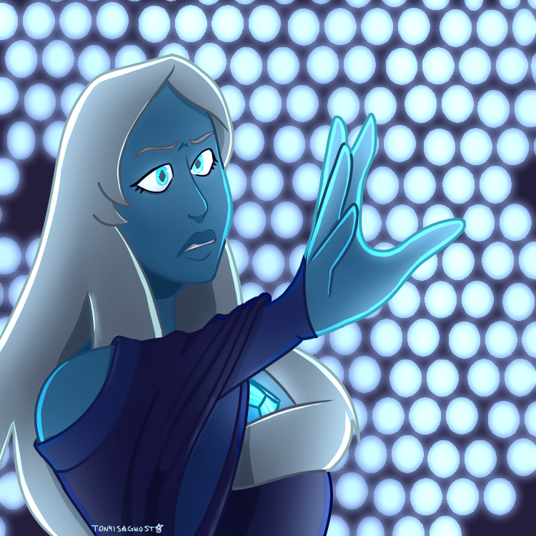 where’s their diamond when they need it, blue also known as tony’s experimenting again and wanted to draw blue diamond as more powerful instead of sad like everyone else