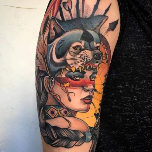 By Shio, done at Blessed Tattoo, Zaragoza.... shio;big;women;native american woman;native american;facebook;twitter;other;neotraditional;upper arm