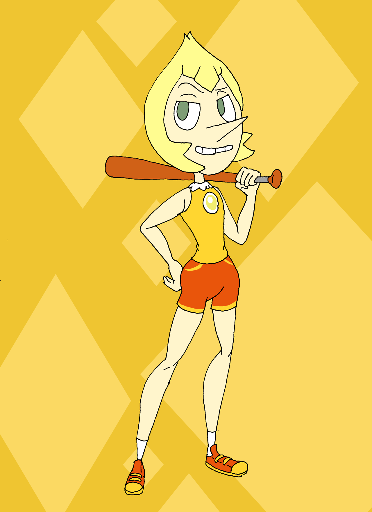 Yellow Pearl/Yellow Diamond’s Pearl in Princess Daisy’s usual sportwear , as well as a baseball bat. I’d be lying if I said it didn’t suit her!