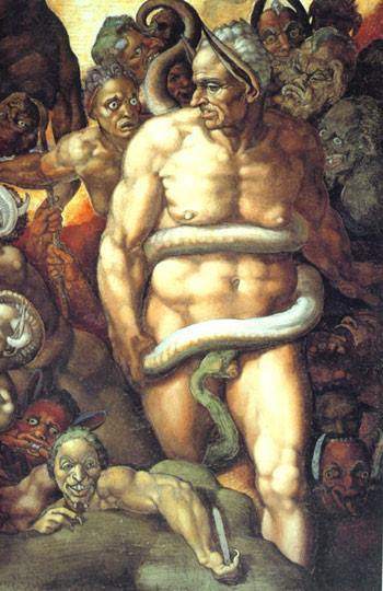 FacÃ©tieux) Michelangelo, The last judgment (funny detail), fresco of the Sistine Chapel completed in 1541, Vatican.