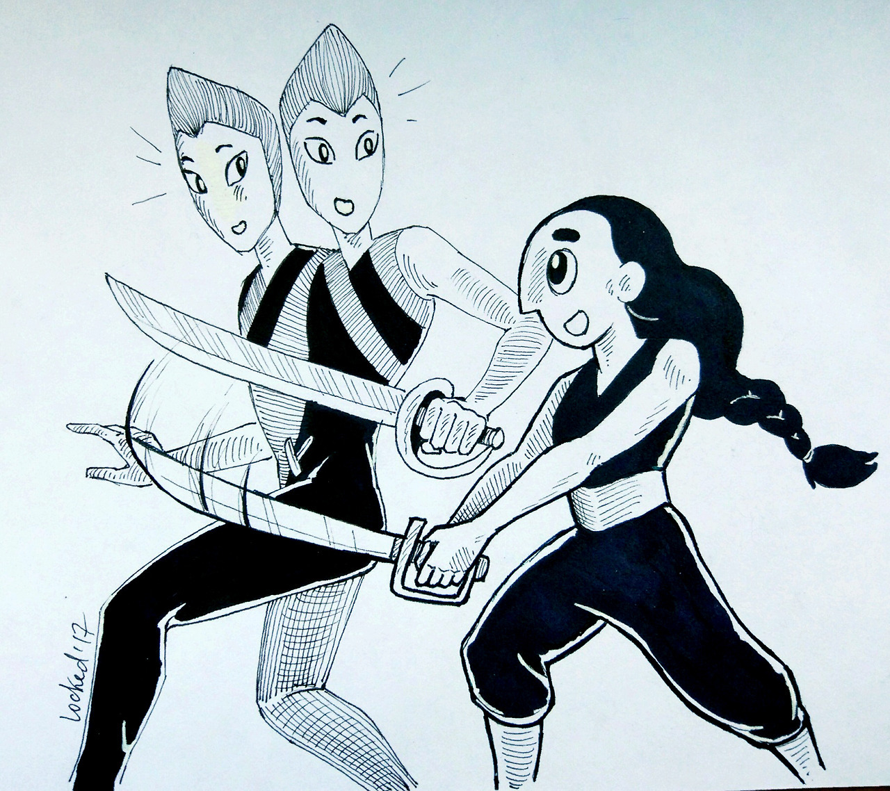 Inktober 17: 6 - Sword. Connie teaching Rutile Twins how to swordifght :3 I do find the twins to be the most ‘knightly’ out of Off Colors.