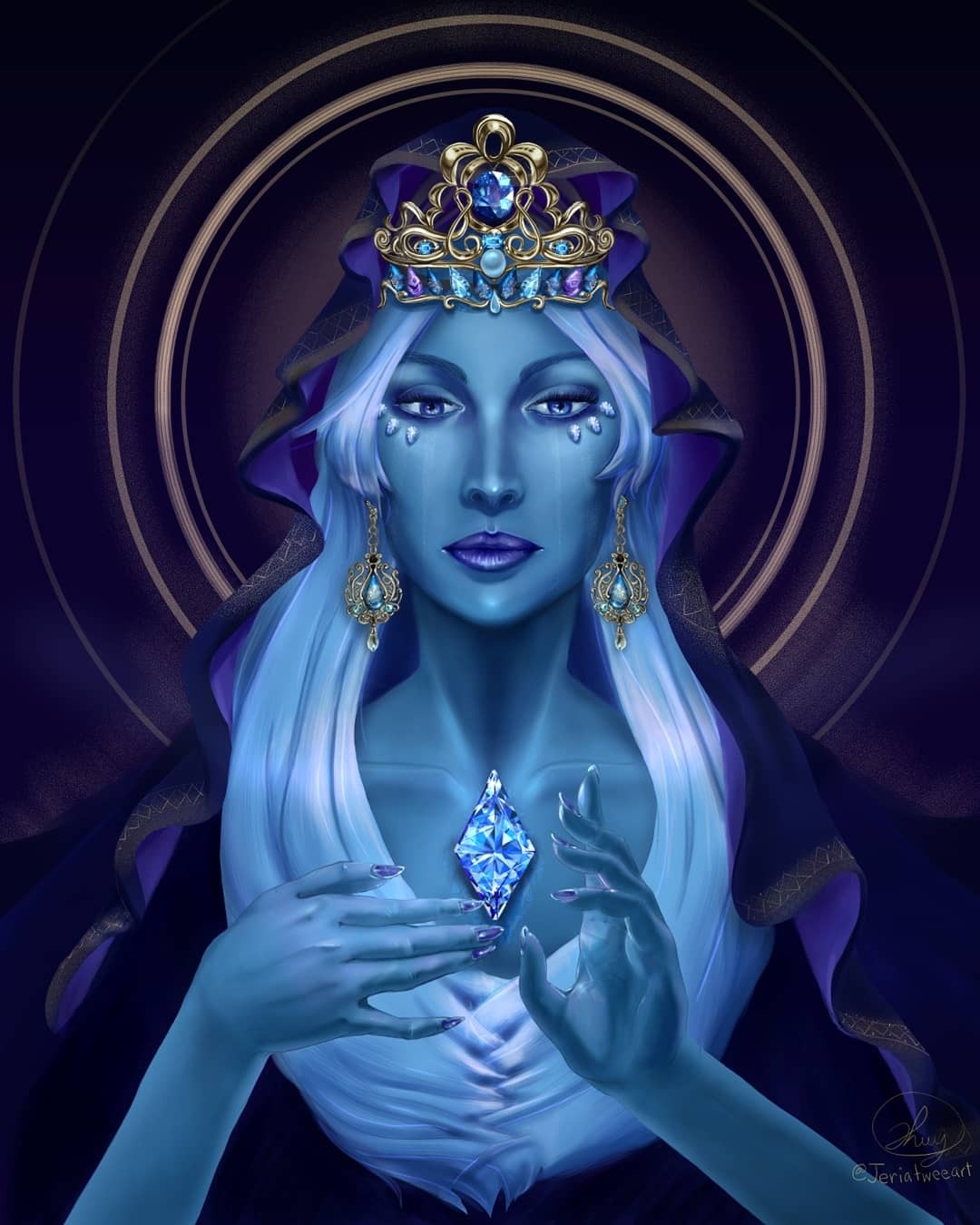 Steven Universe - Blue Diamond and Her Court I painted her like an ancient Royal queen or deity, wearing all the gems of her court: Sapphire, lapis lazuli, aquamarine, blue zircon, Holly blue agate,...