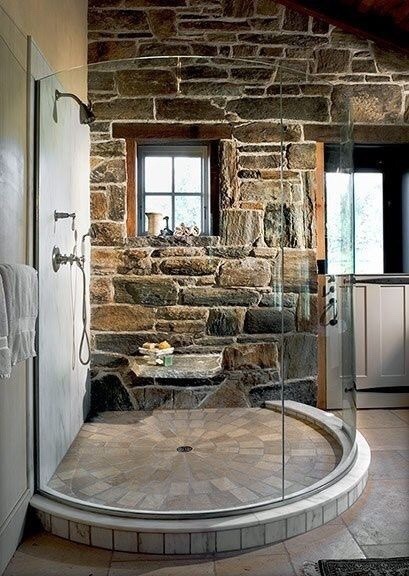 m4cravings - Circular Glass Shower. Stone Accent Wall.