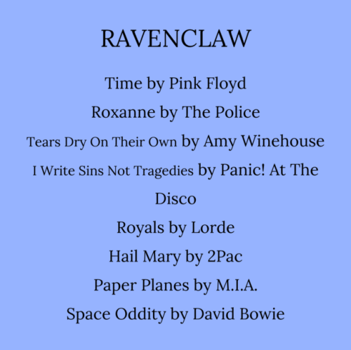 transienceflowers:Hogwarts House playlists.