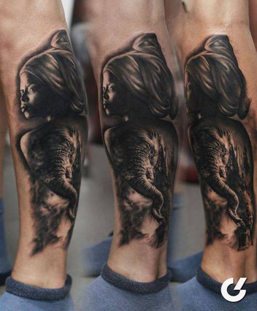 By Georgi Kodzhabashev, done at Magic Needle Tattoo, Sofia.... leg;black and grey;double exposure;elephant;georgikodzhabashev;big;animal;women;facebook;twitter;experimental;other