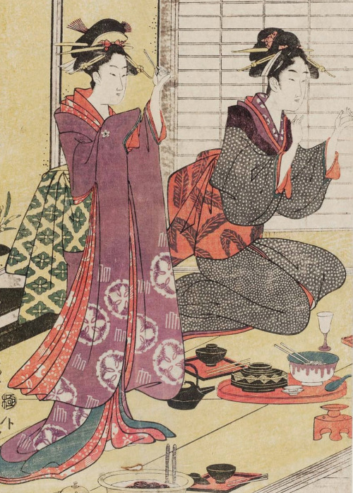 thekimonogallery - Two women at a party. Ukiyo-e woodblock print,...
