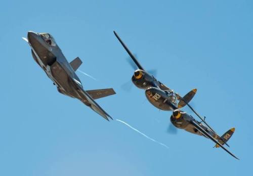 planesawesome - A P-38 Lightning and F-35A Lightning II fly in...