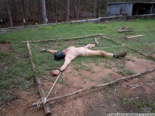 myinnerfag - Spread out naked in the woods, bound and caged and...