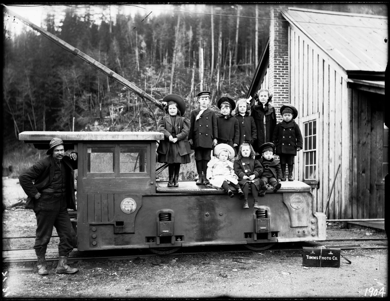 Group of children on top of a locomotive at Britannia Mine.
1904
Source: Vancouver Public Library